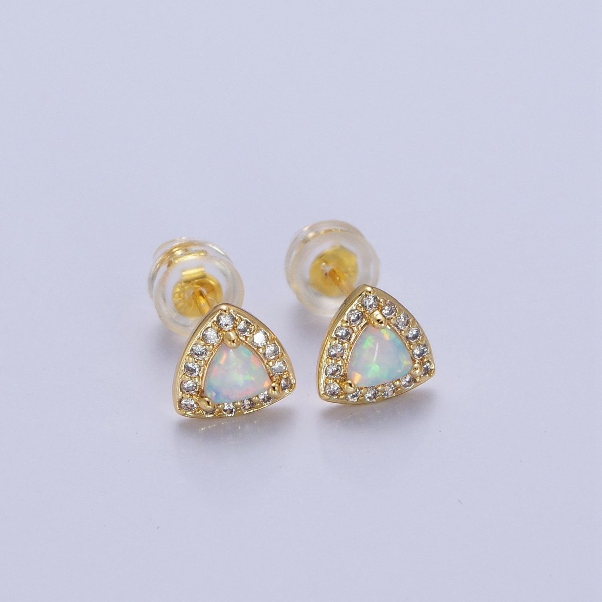 14K Gold Filled White Opal Micro Paved CZ Triangle Stud Earrings | AD-086