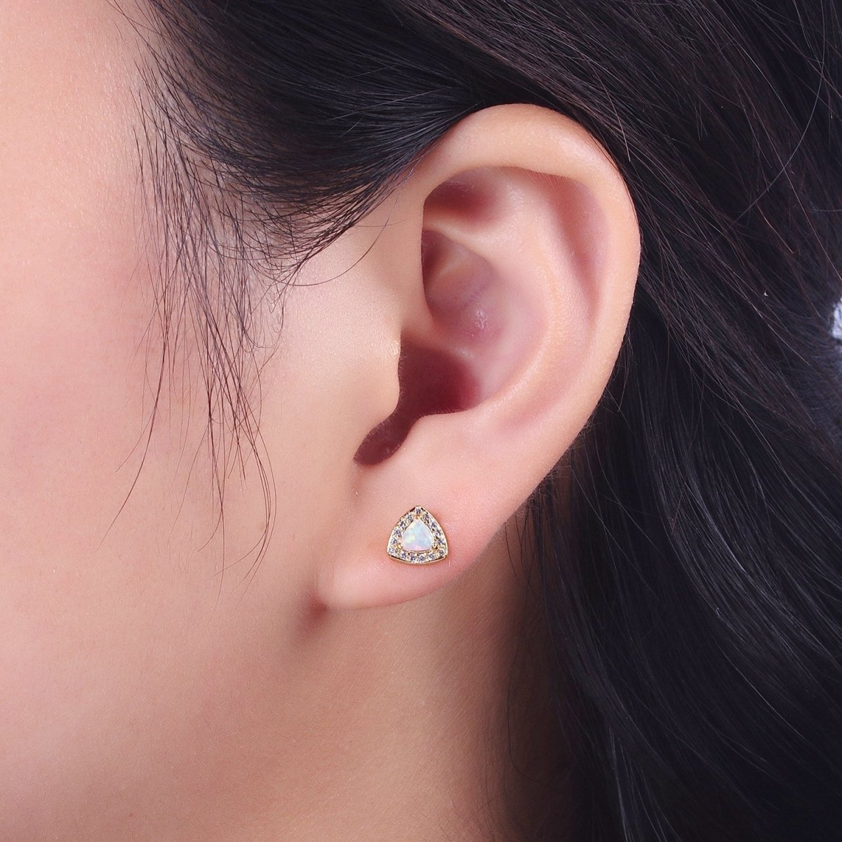 14K Gold Filled White Opal Micro Paved CZ Triangle Stud Earrings | AD-086