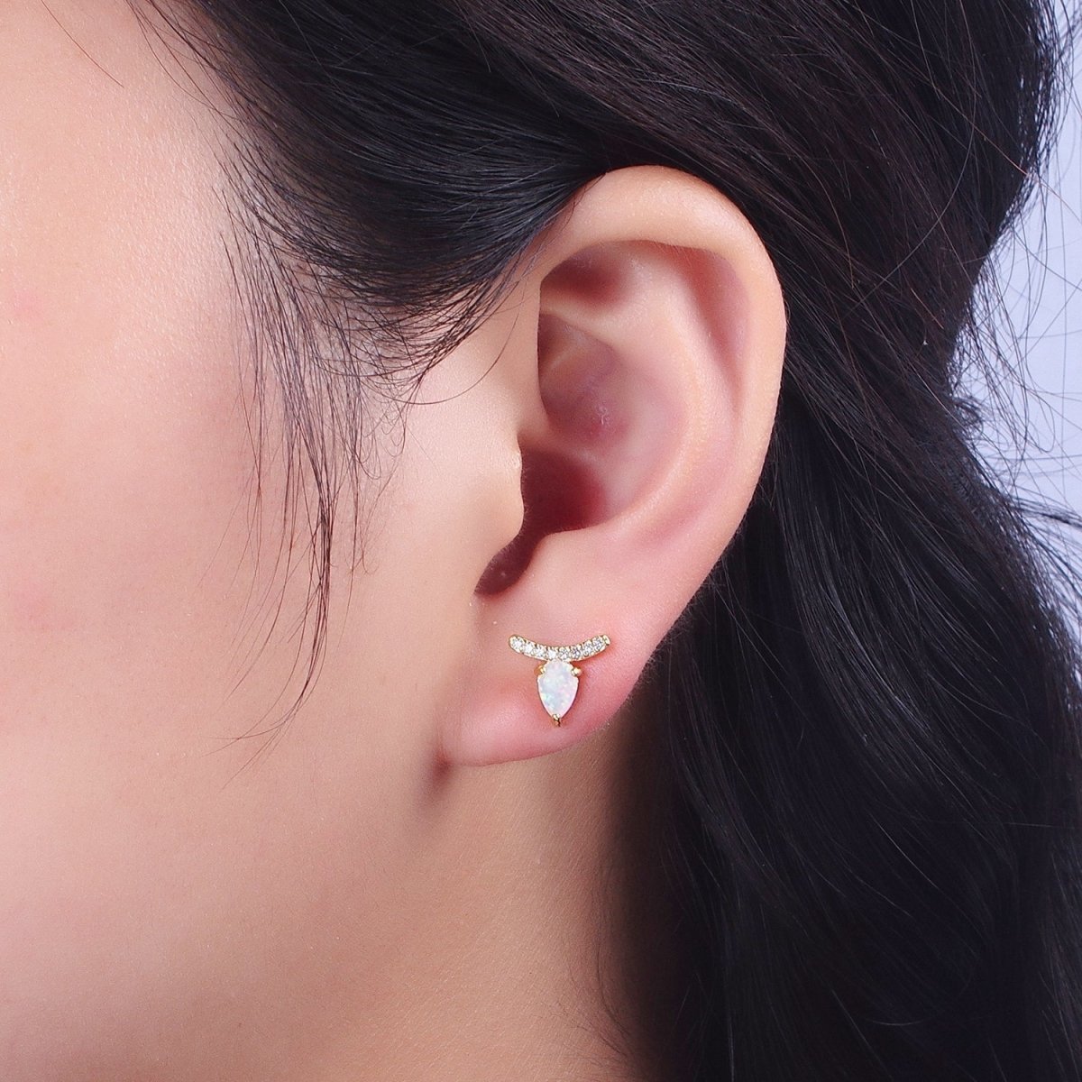 14K Gold Filled White Opal Teardrop Micro Paved CZ Mini Stud Earrings | AD-089