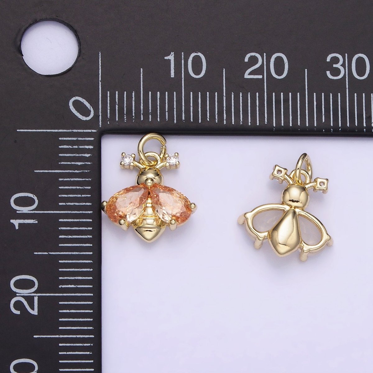 14K Gold Filled White, Orange CZ Bumble Queen Bee Insect Animal Charm | AG730
