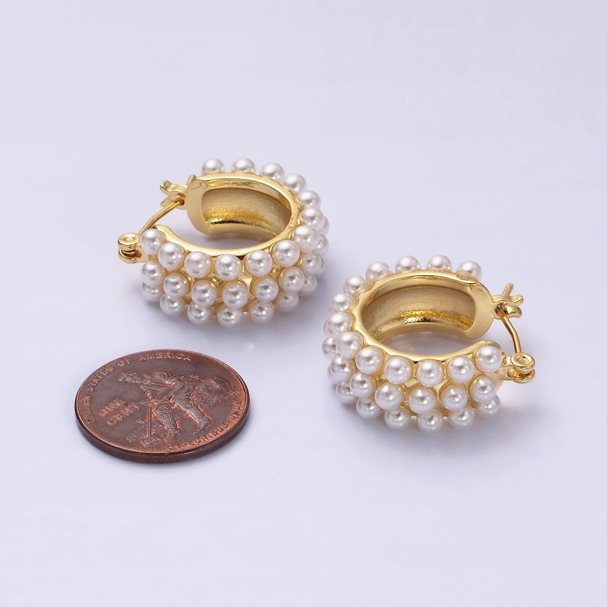 14K Gold Filled White Pearl Dotted Latch Hoop Earrings in Silver & Gold | AD-376 AD-457