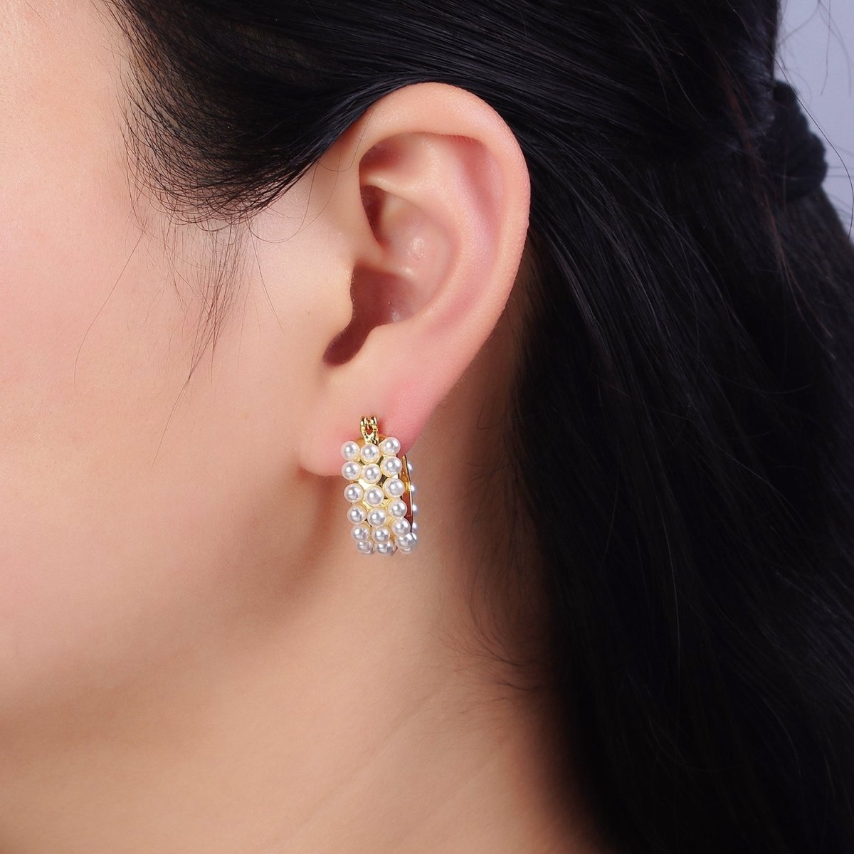14K Gold Filled White Pearl Dotted Latch Hoop Earrings in Silver & Gold | AD-376 AD-457