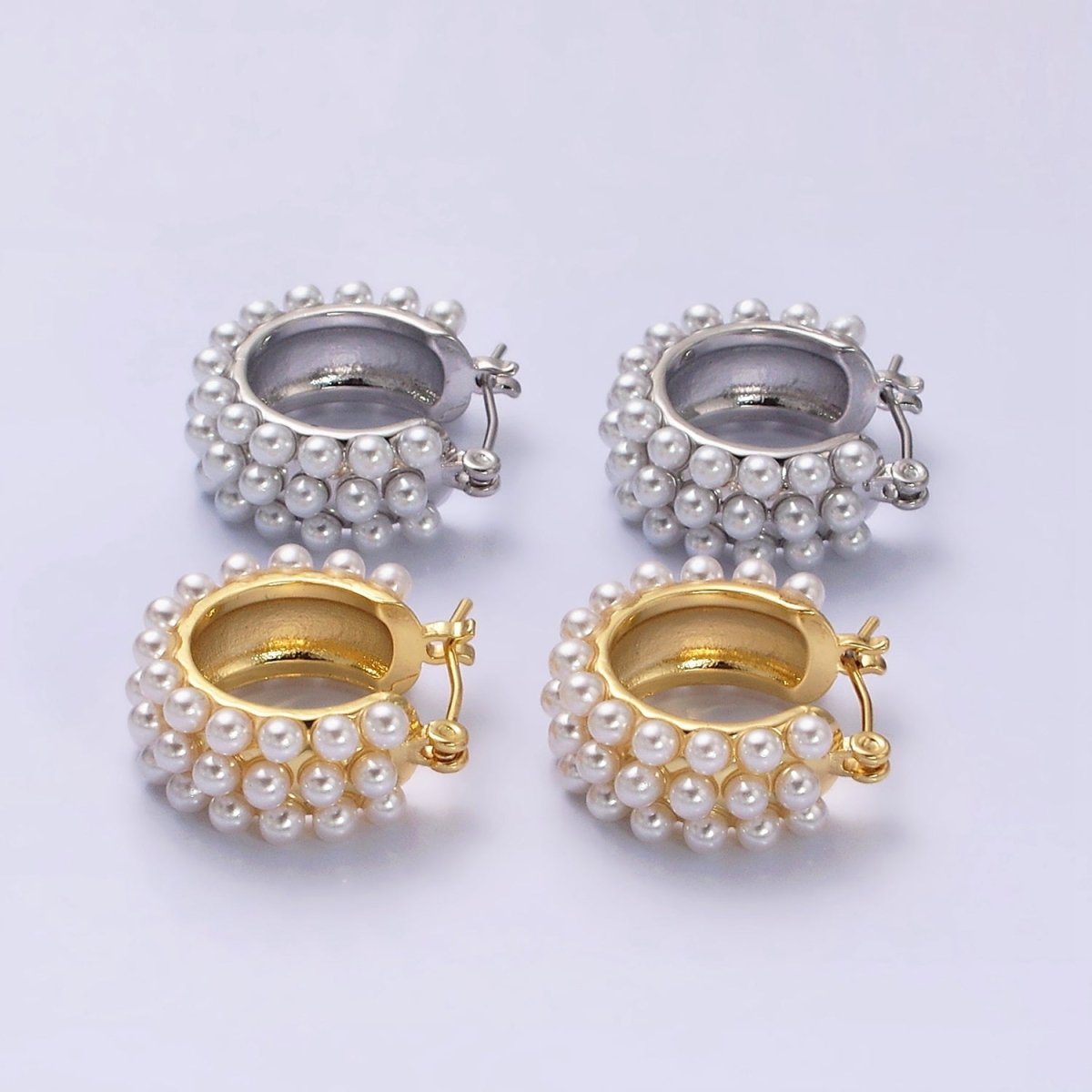 14K Gold Filled White Pearl Dotted Latch Hoop Earrings in Silver & Gold | AD-376 AD-457
