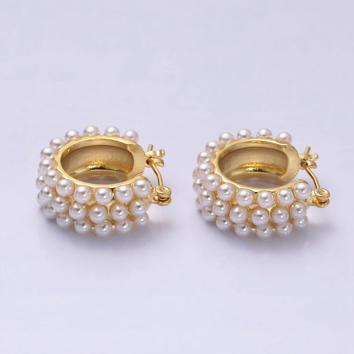 14K Gold Filled White Pearl Dotted Latch Hoop Earrings in Silver & Gold | AD-376 AD-457