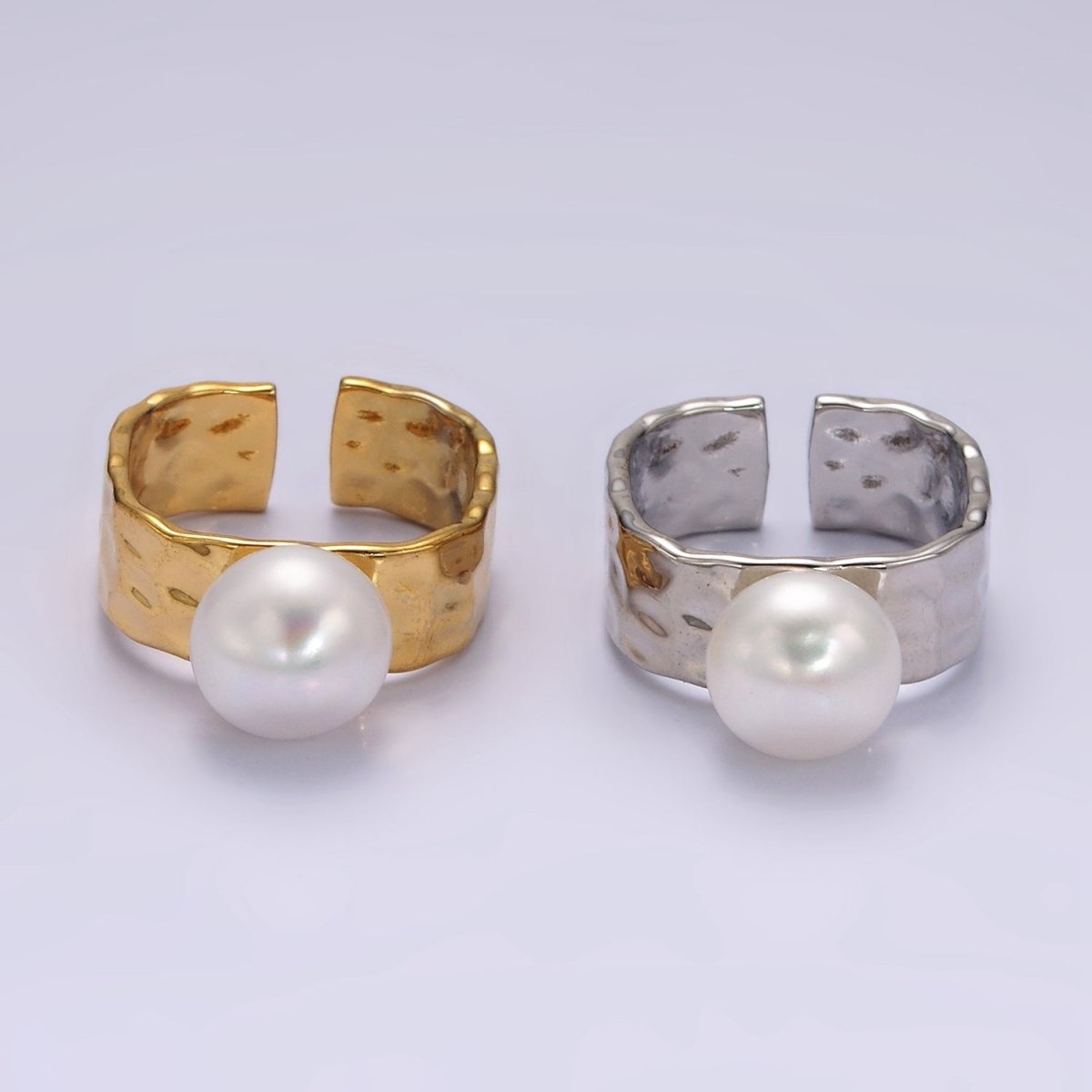 14K Gold Filled White Pearl Hammered Wide Band Ring in Gold & Silver | O1096 O1097