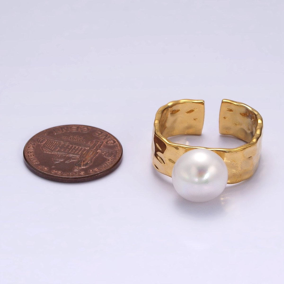 14K Gold Filled White Pearl Hammered Wide Band Ring in Gold & Silver | O1096 O1097