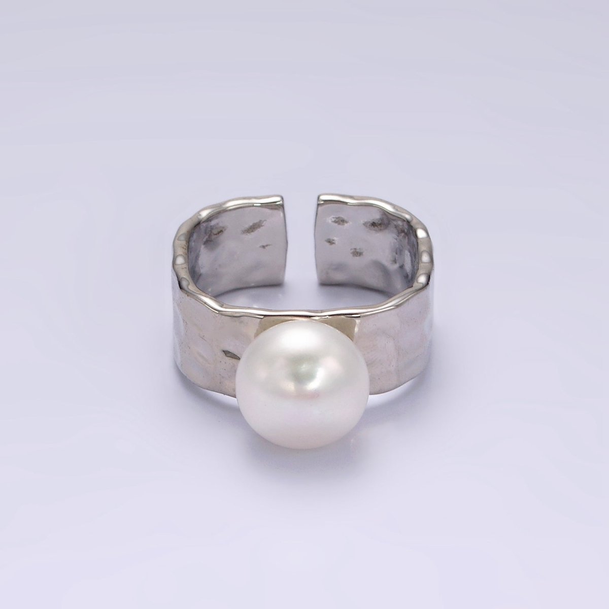 14K Gold Filled White Pearl Hammered Wide Band Ring in Gold & Silver | O1096 O1097