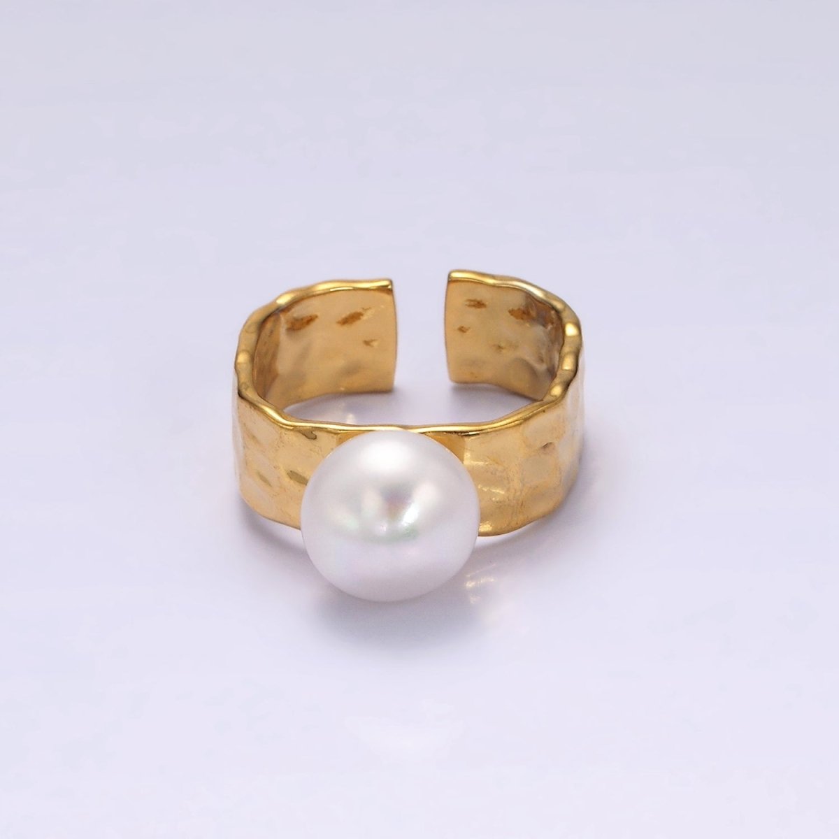 14K Gold Filled White Pearl Hammered Wide Band Ring in Gold & Silver | O1096 O1097