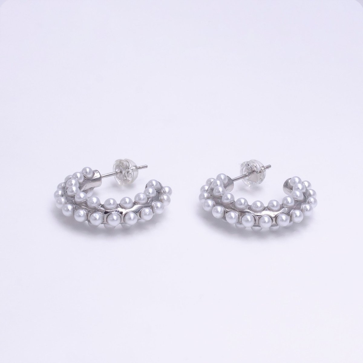14K Gold Filled White Pearl Lined 20mm C-Shaped Hoop Earrings in Gold & Silver | AE800