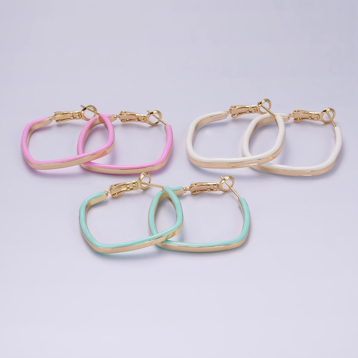 14K Gold Filled White, Pink, Blue Enamel Boxy Rhombus Hinge Hoop Earrings | AE180 - AE182