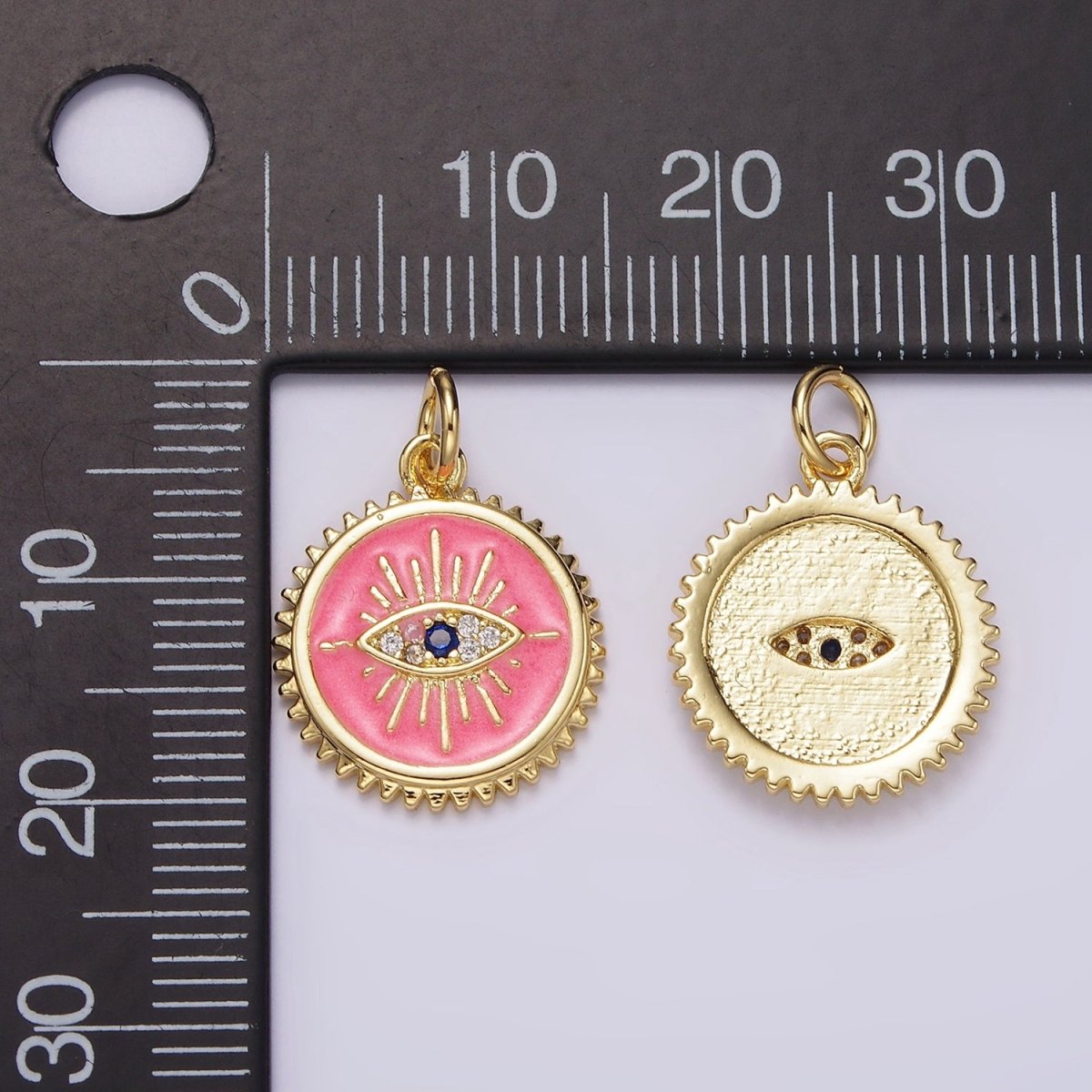 14K Gold Filled White, Pink Evil Eye Blue CZ Spiked Outline Round Charm | AG414 AG415