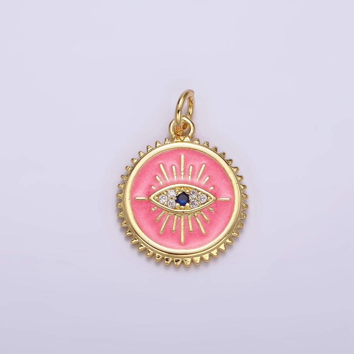 14K Gold Filled White, Pink Evil Eye Blue CZ Spiked Outline Round Charm | AG414 AG415