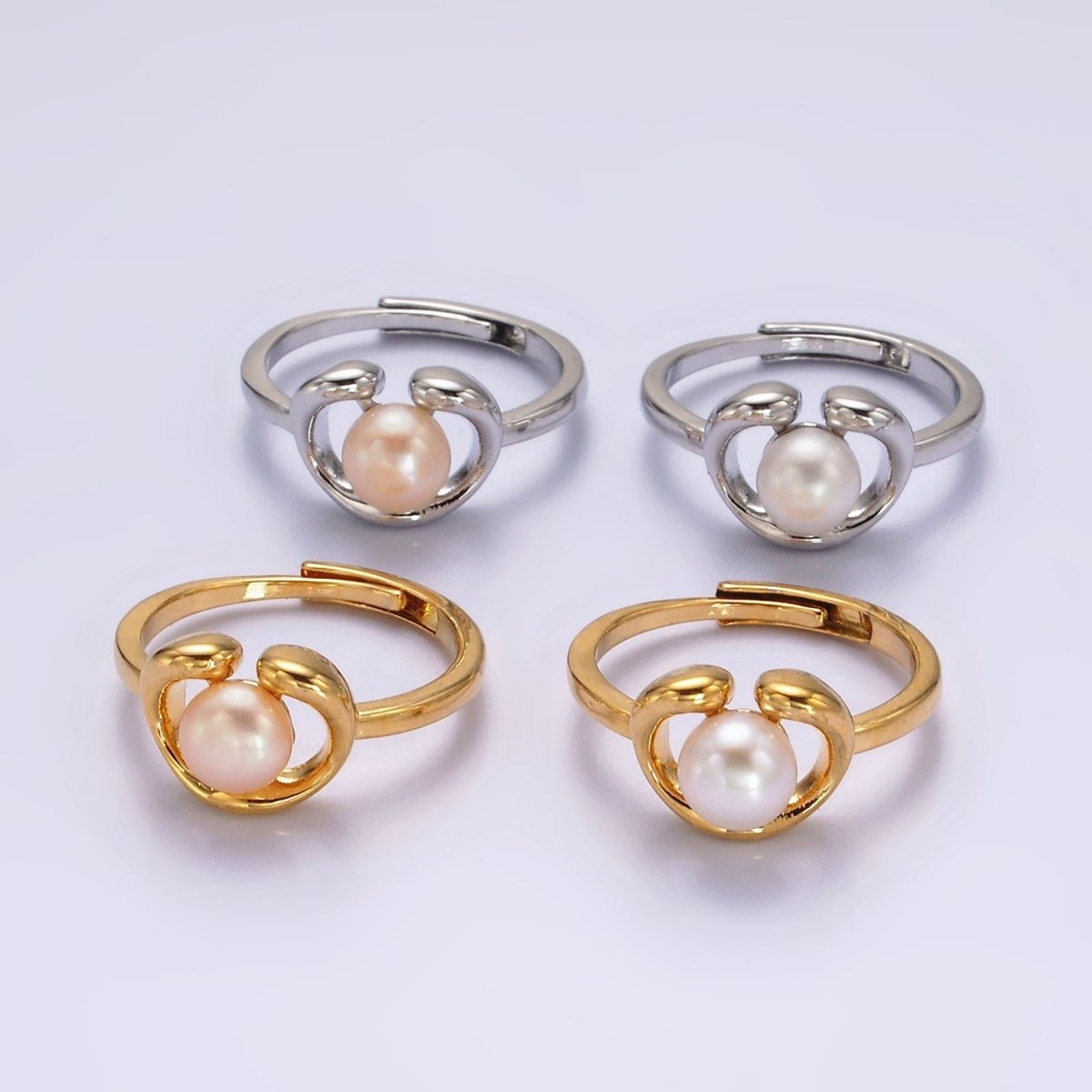14K Gold Filled White, Pink Peal Open Outline Adjustable Ring in Silver & Gold | O672 - O675