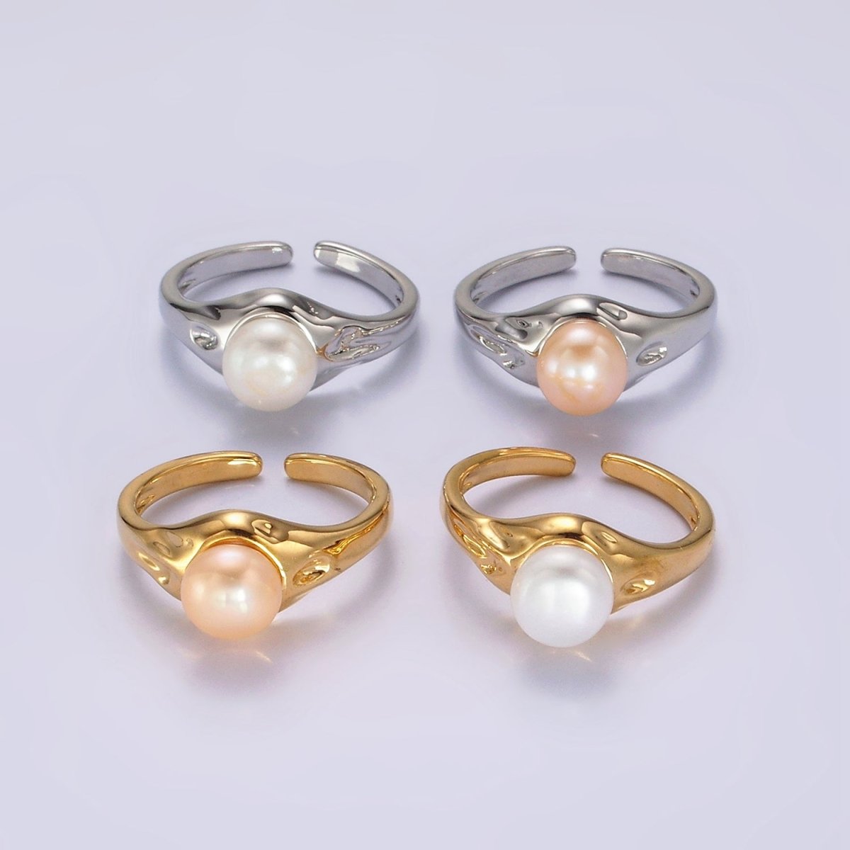 14K Gold Filled White, Pink Pearl Dented Signet Ring in Gold & Silver | O660 - O663