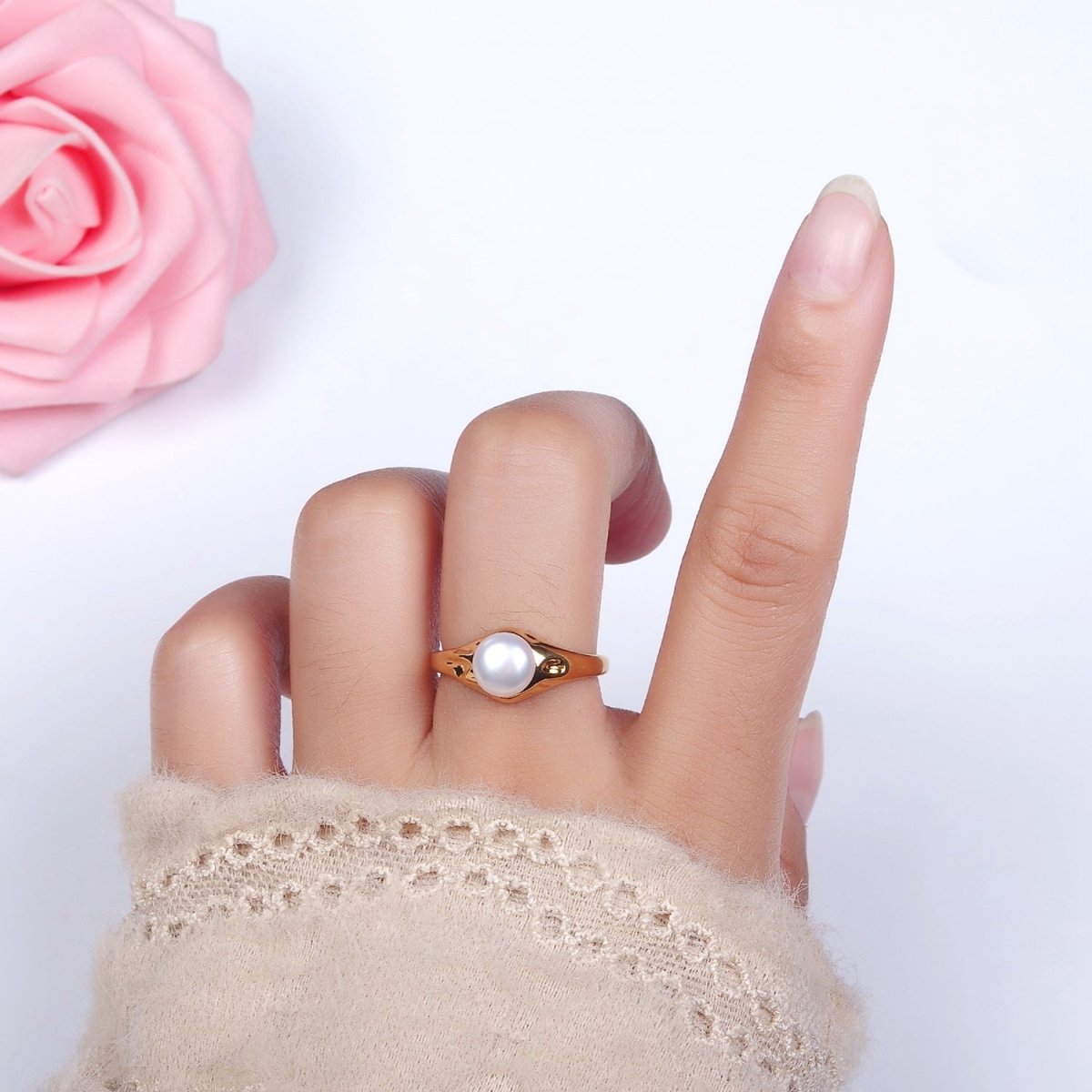 14K Gold Filled White, Pink Pearl Dented Signet Ring in Gold & Silver | O660 - O663