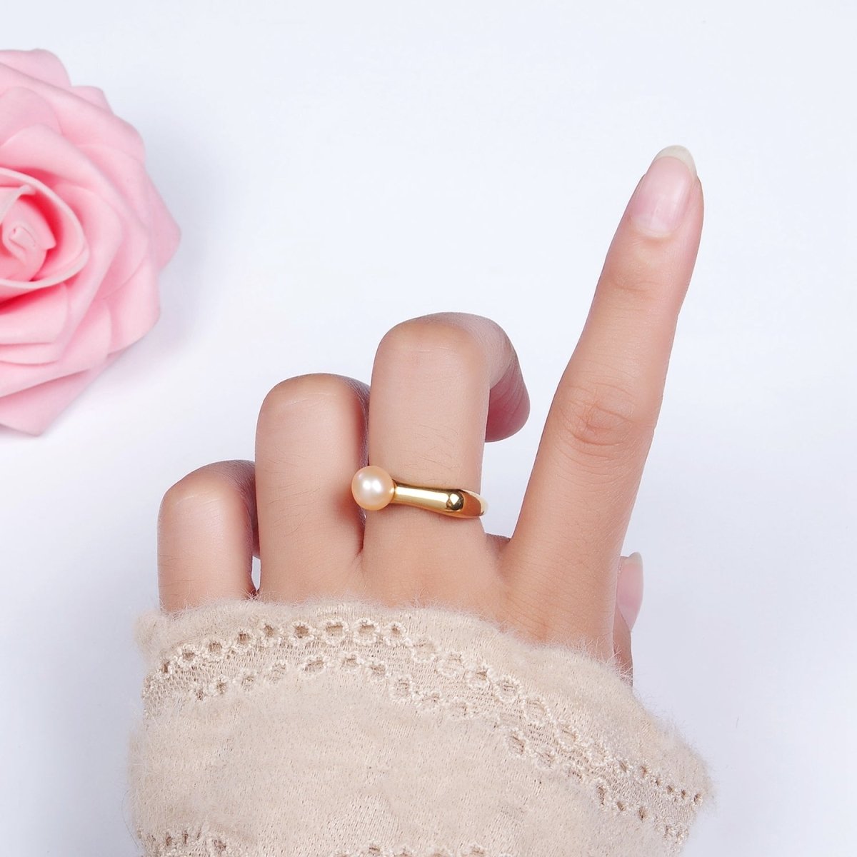 14K Gold Filled White, Pink Pearl Flat Signet Ring in Gold & Silver | O652 ~ O655