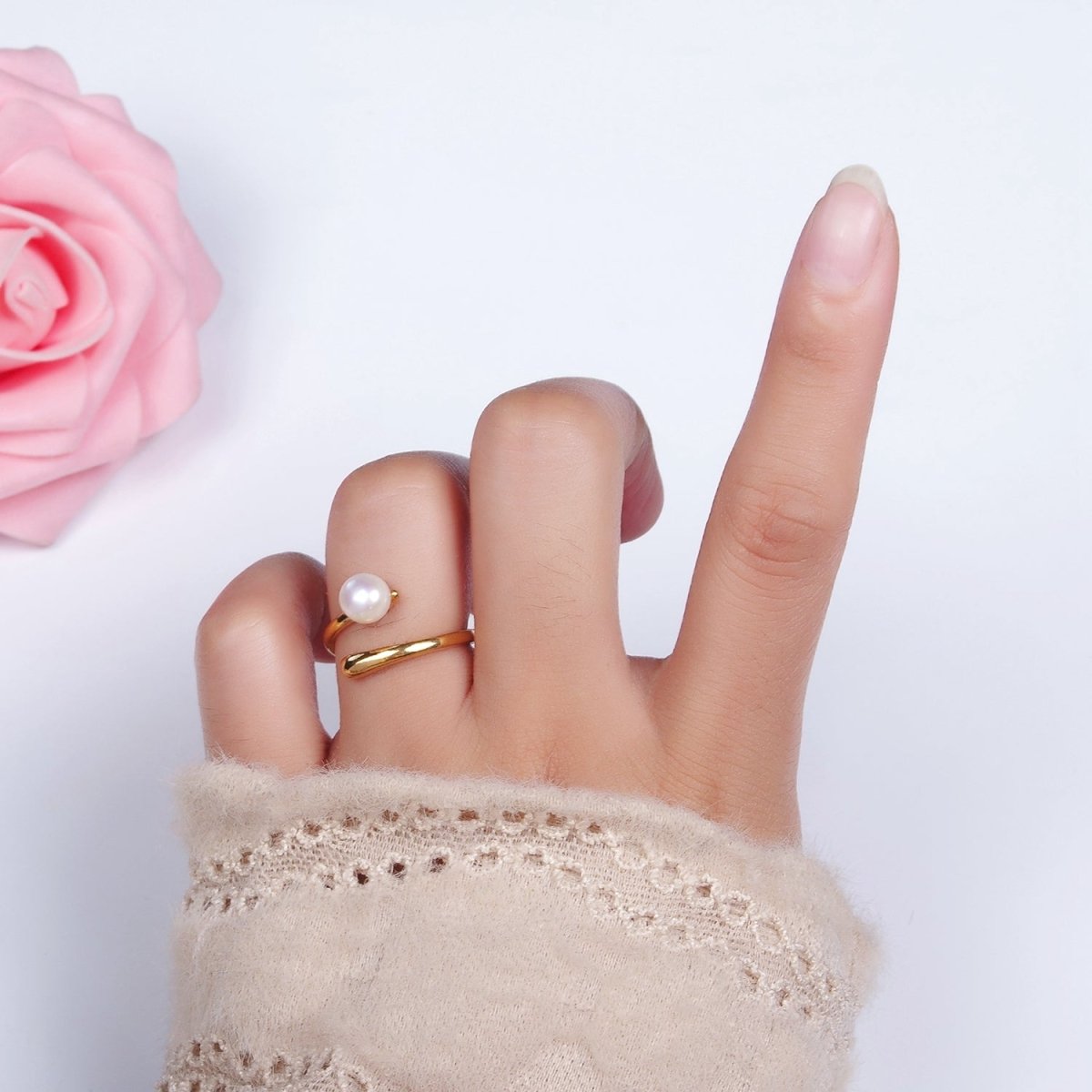 14K Gold Filled White, Pink Pearl Minimalist Open Wrap Band Ring in Silver & Gold | O680 - O683