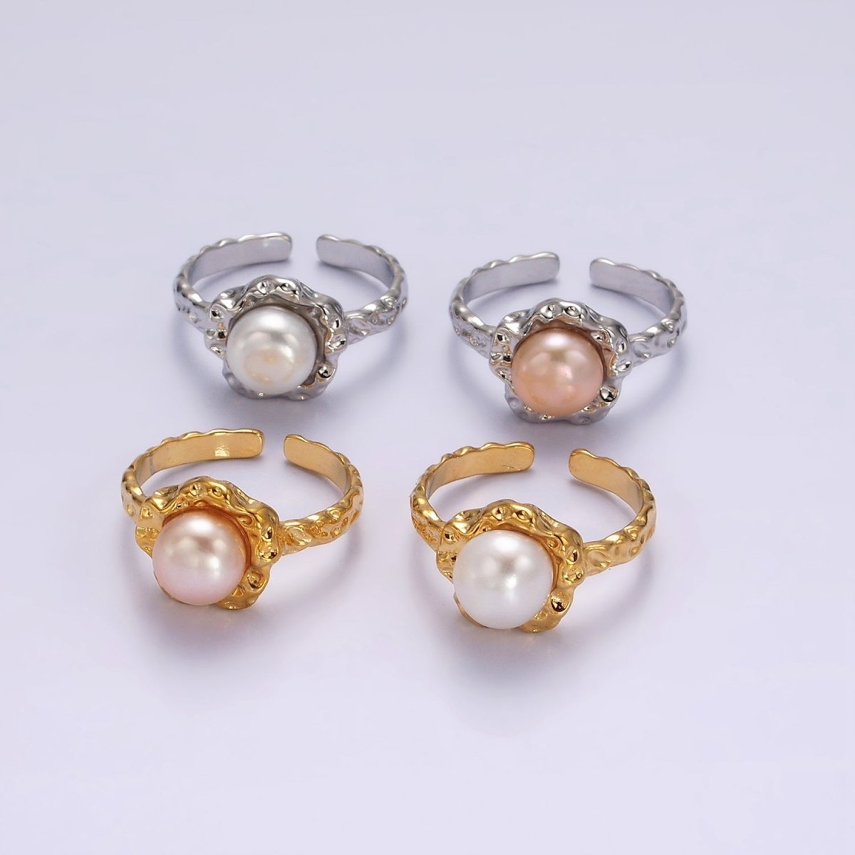 14K Gold Filled White, Pink Pearl Molten Hammered Ring in Gold 7 Silver | O1876 - O1879