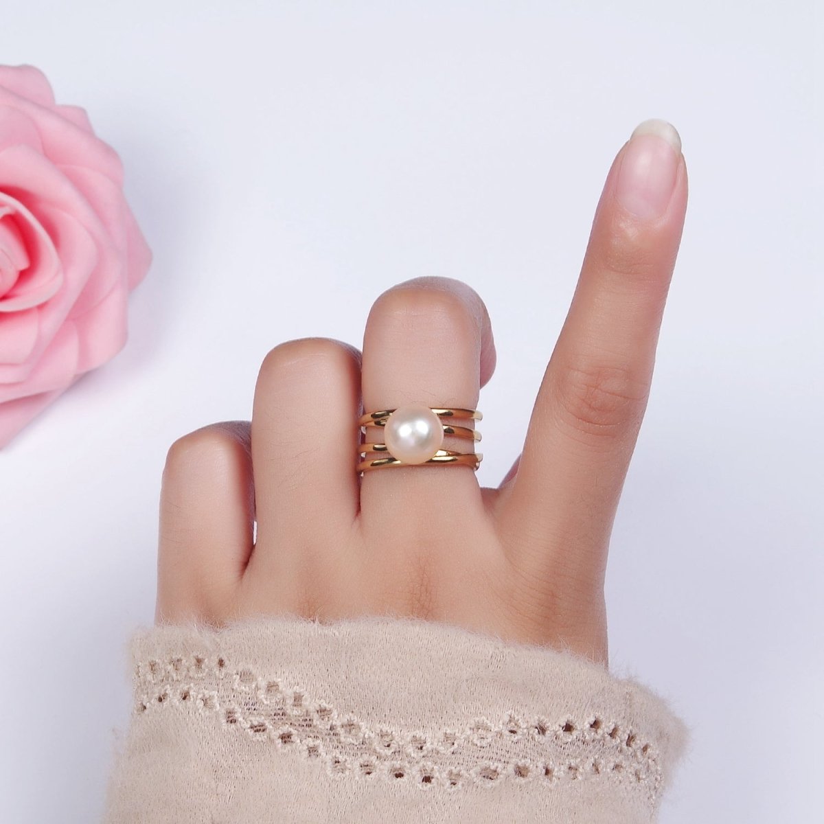 14K Gold Filled White, Pink Pearl Multiple Band Ring in Gold & Silver | O1156 - O1159