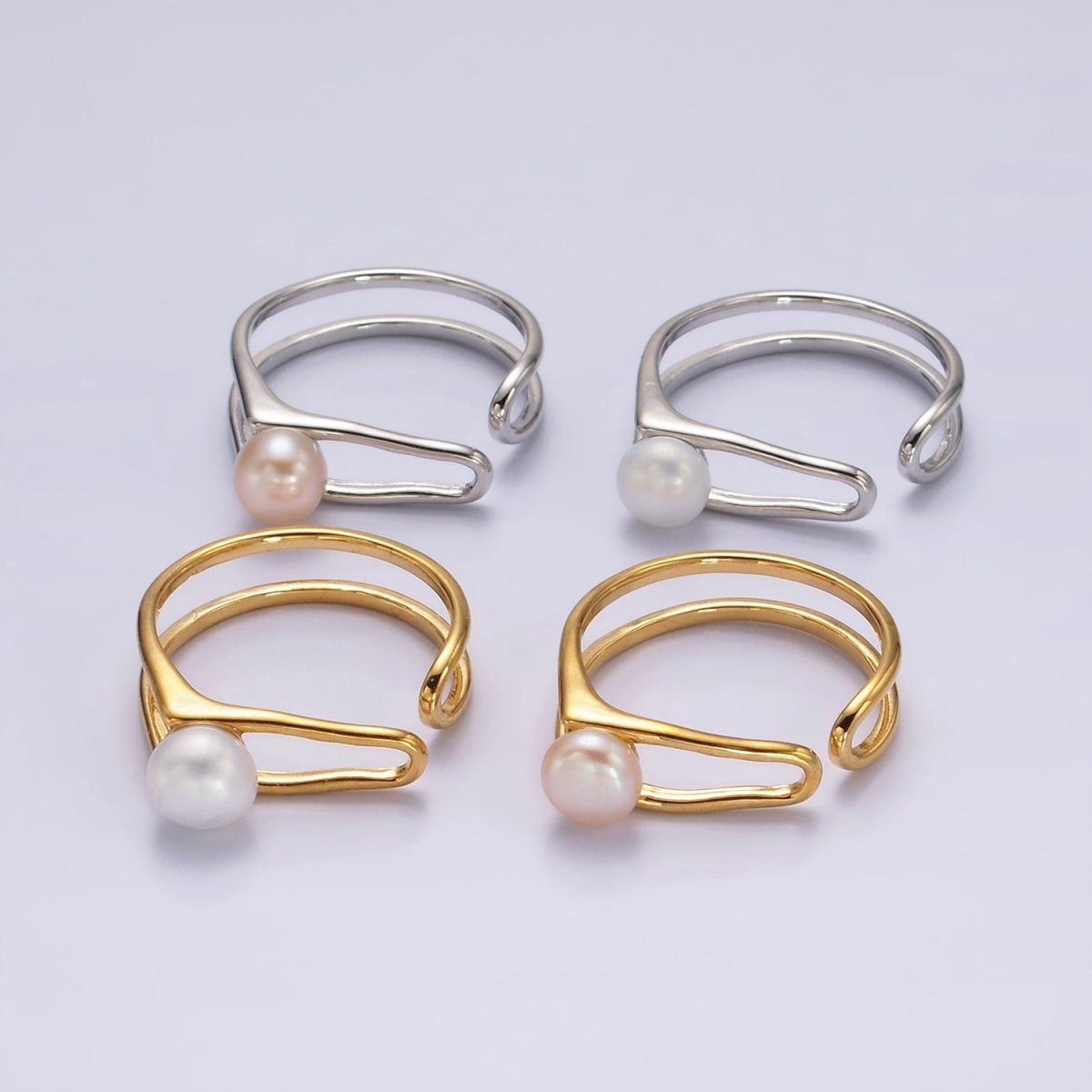 14K Gold Filled White, Pink Pearl Open Double Band Wrap Signet Ring in Gold & Silver | O656 - O659