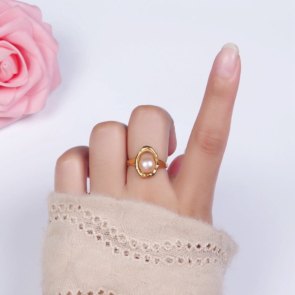 14K Gold Filled White, Pink Pearl Open Oblong Ring in Gold & Silver | O1872 - O1875