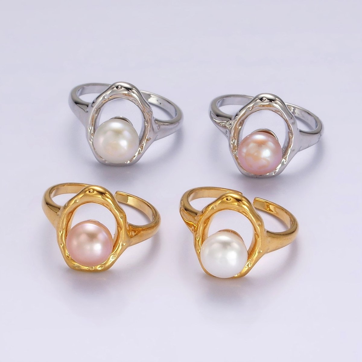 14K Gold Filled White, Pink Pearl Open Oblong Ring in Gold & Silver | O1872 - O1875