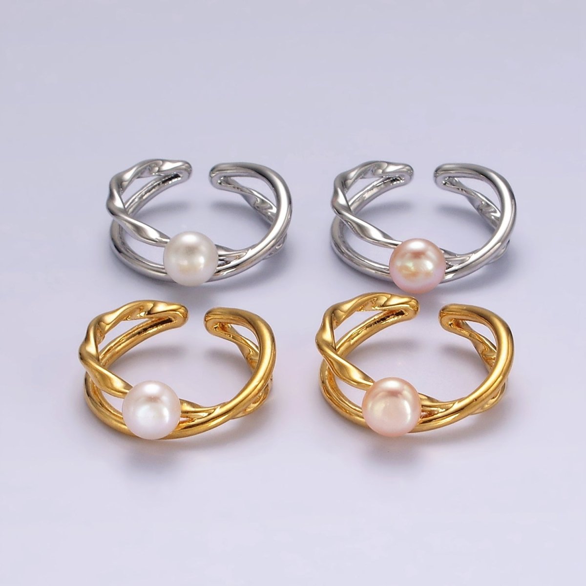 14K Gold Filled White, Pink Pearl Twisted Hammered Double Band Ring in Gold & Silver | O1175 O1176