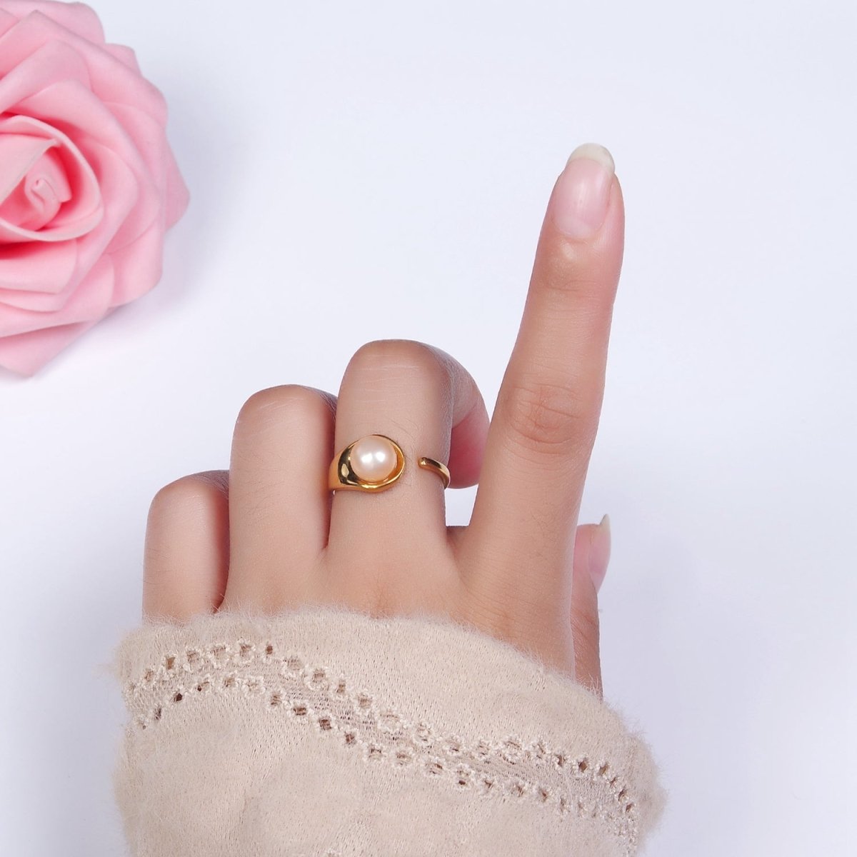 14K Gold Filled White, Pink Pearl Wide Open Claw Band Ring in Gold & Silver | O1864 - O1867