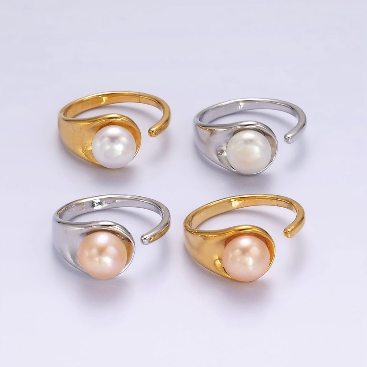 14K Gold Filled White, Pink Pearl Wide Open Claw Band Ring in Gold & Silver | O1864 - O1867