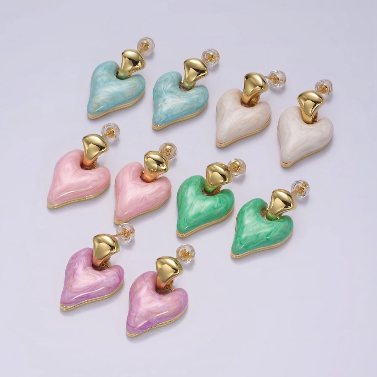 14K Gold Filled White, Pink, Purple, Blue, Green Enamel Heart Drop Stud Earrings | V-241