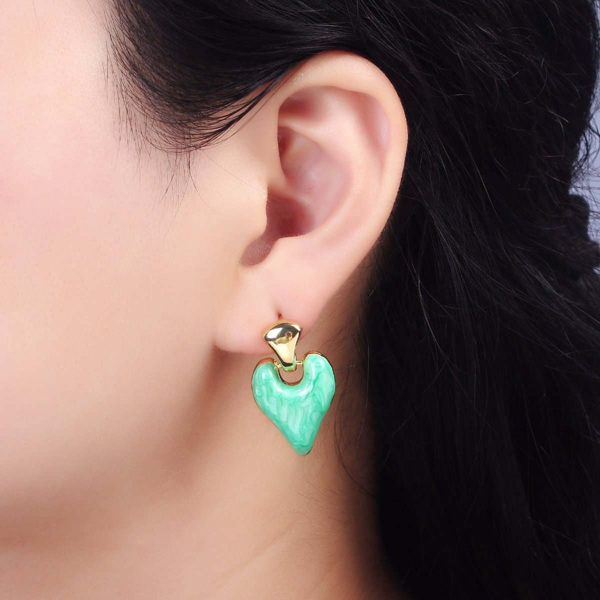 14K Gold Filled White, Pink, Purple, Blue, Green Enamel Heart Drop Stud Earrings | V-241