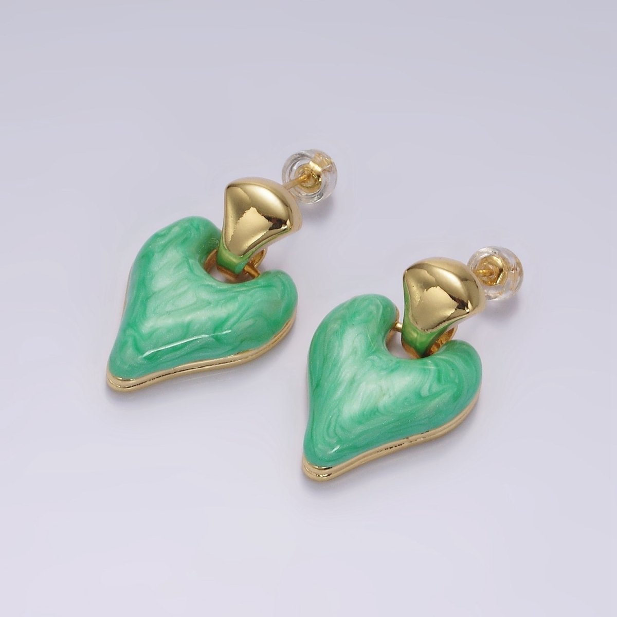 14K Gold Filled White, Pink, Purple, Blue, Green Enamel Heart Drop Stud Earrings | V-241