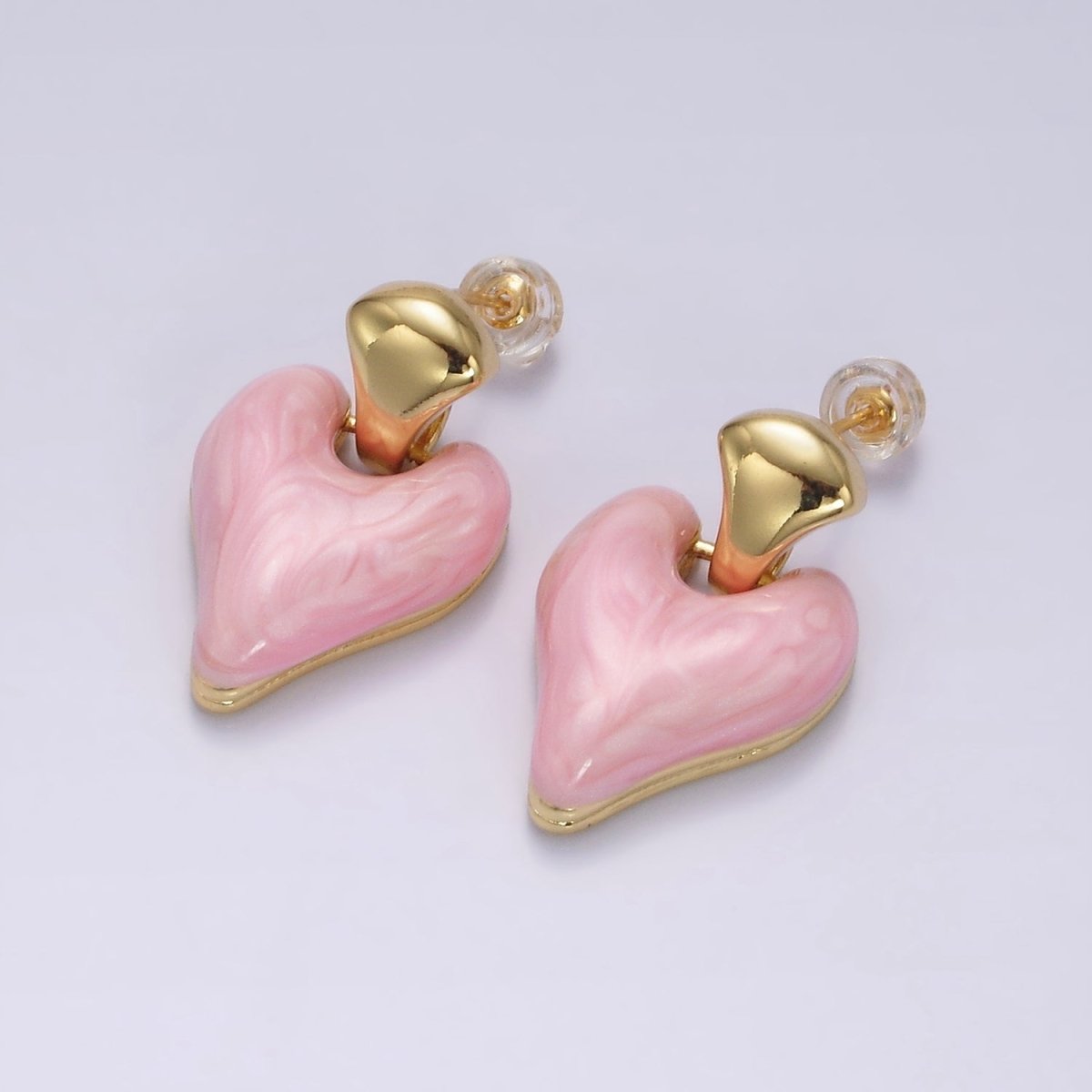 14K Gold Filled White, Pink, Purple, Blue, Green Enamel Heart Drop Stud Earrings | V-241