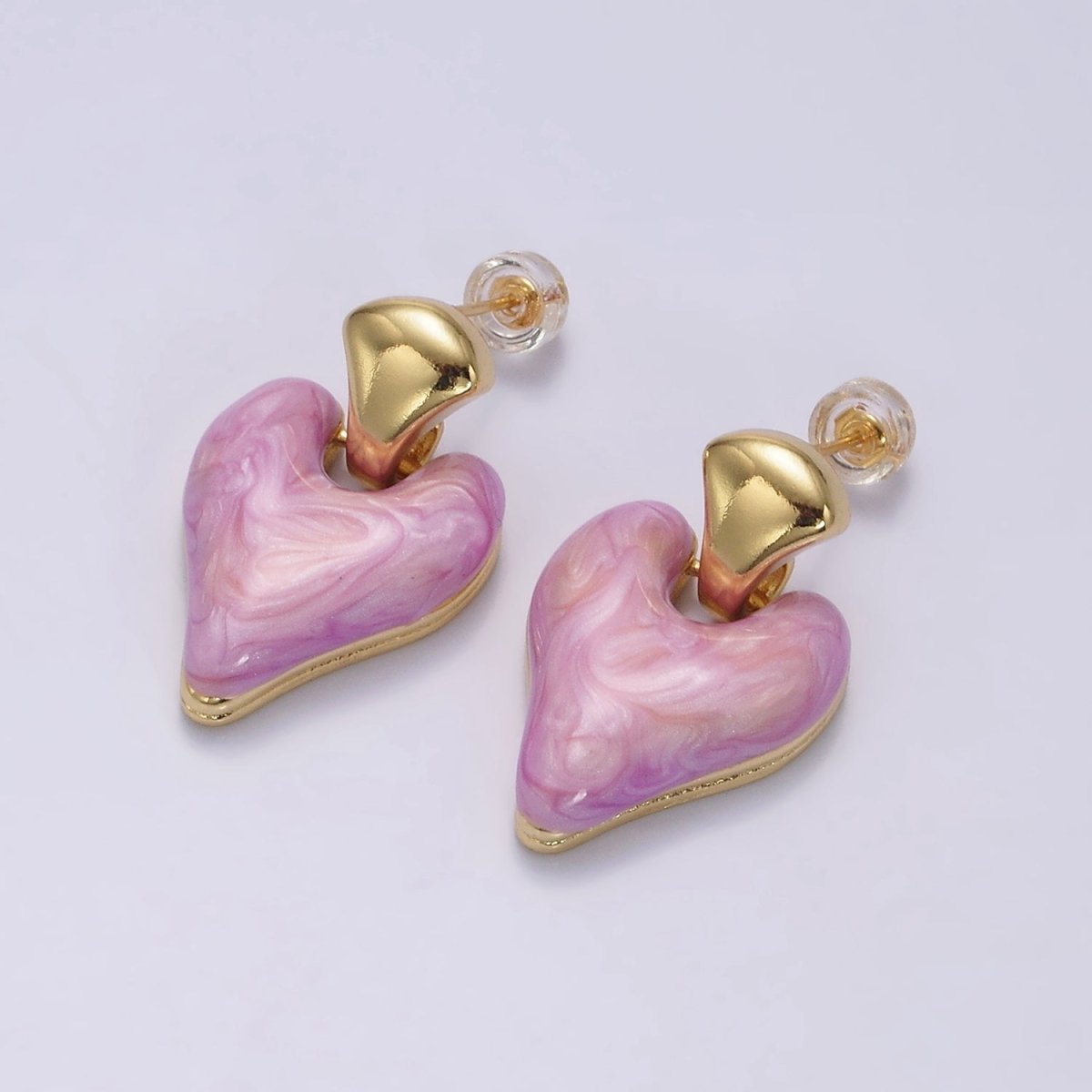 14K Gold Filled White, Pink, Purple, Blue, Green Enamel Heart Drop Stud Earrings | V-241