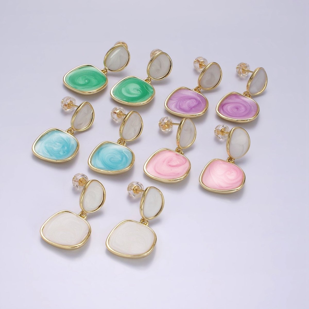 14K Gold Filled White, Pink, Purple, Blue, Green Enamel Rounded Square Drop Stud Earrings | V-246 - V-250