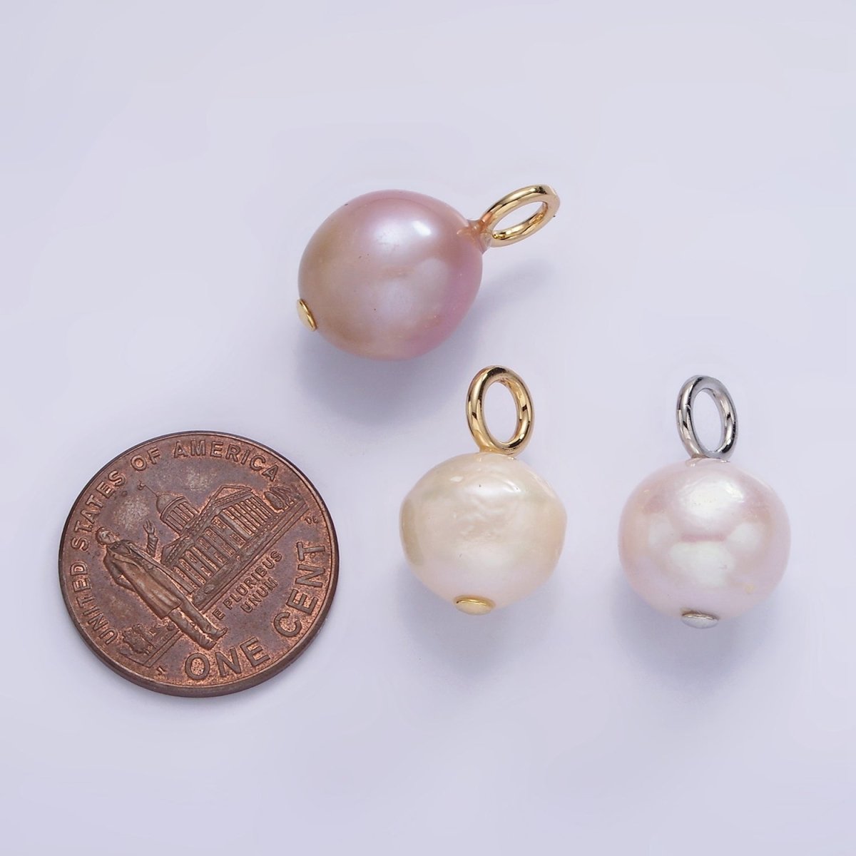 14K Gold Filled White, Purple Freshwater Pearl Button Charm in Gold & Silver | P1690 P1691