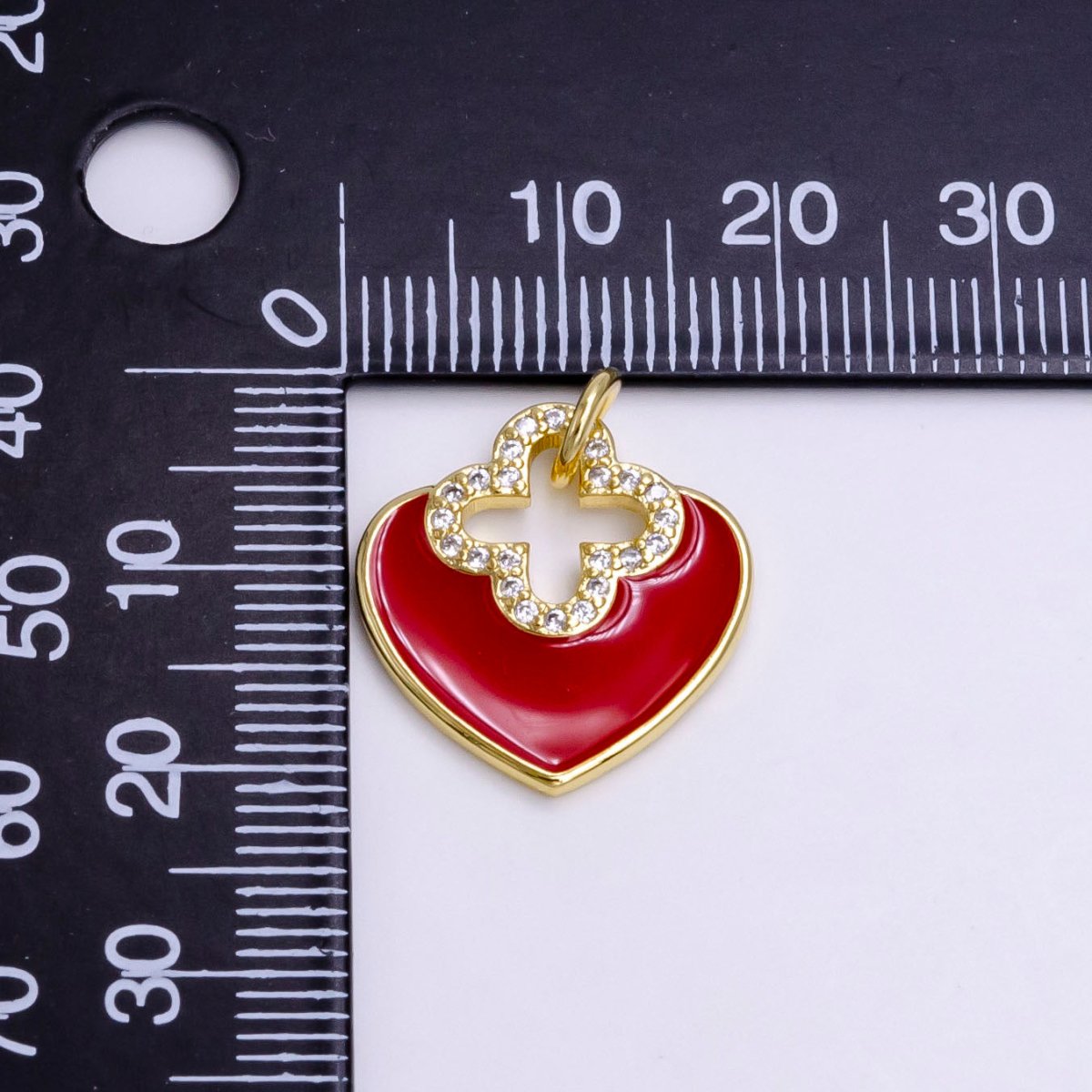 14K Gold Filled White, Red Heart Open Clear Micro Paved CZ Quatrefoil Charm | AC935 AC936