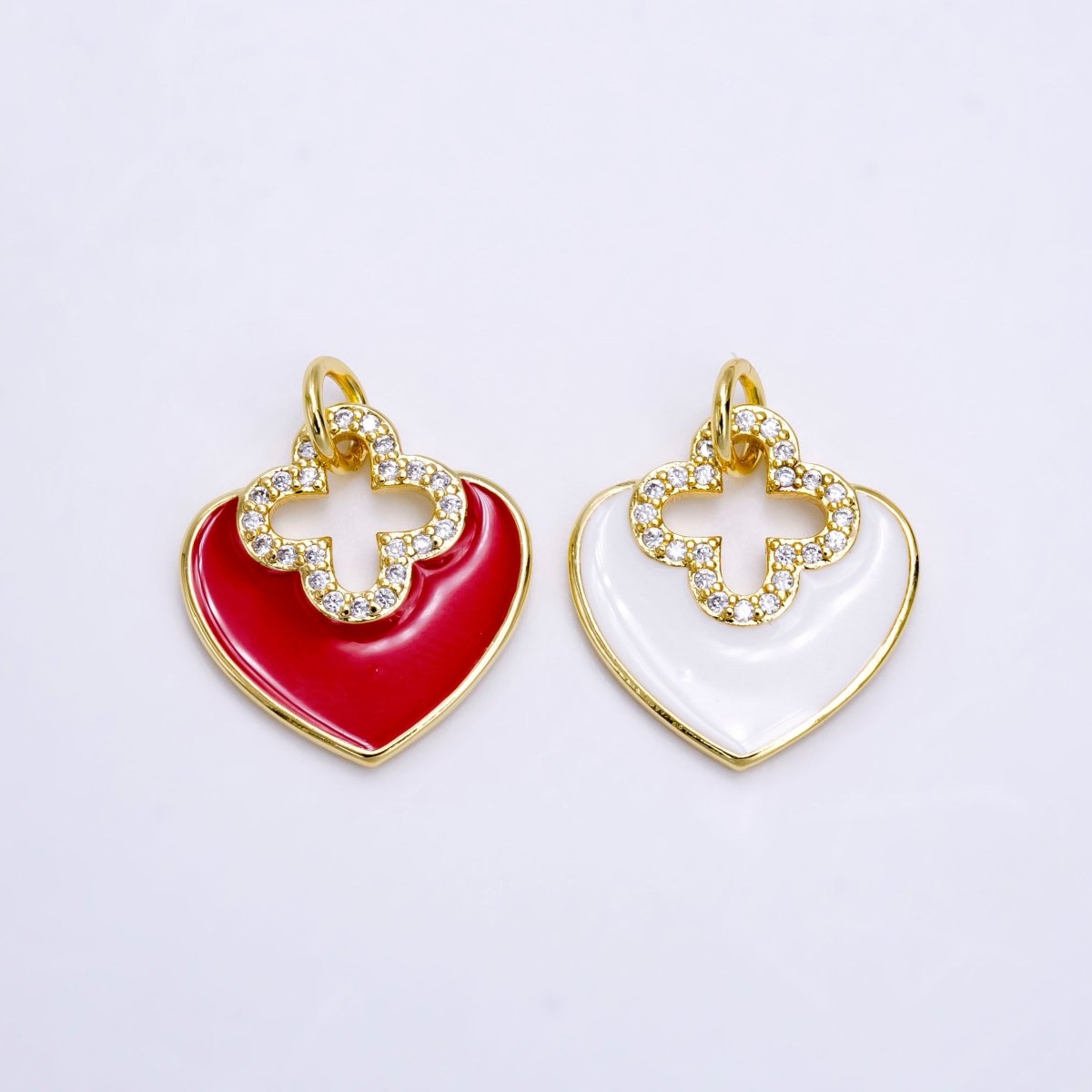 14K Gold Filled White, Red Heart Open Clear Micro Paved CZ Quatrefoil Charm | AC935 AC936