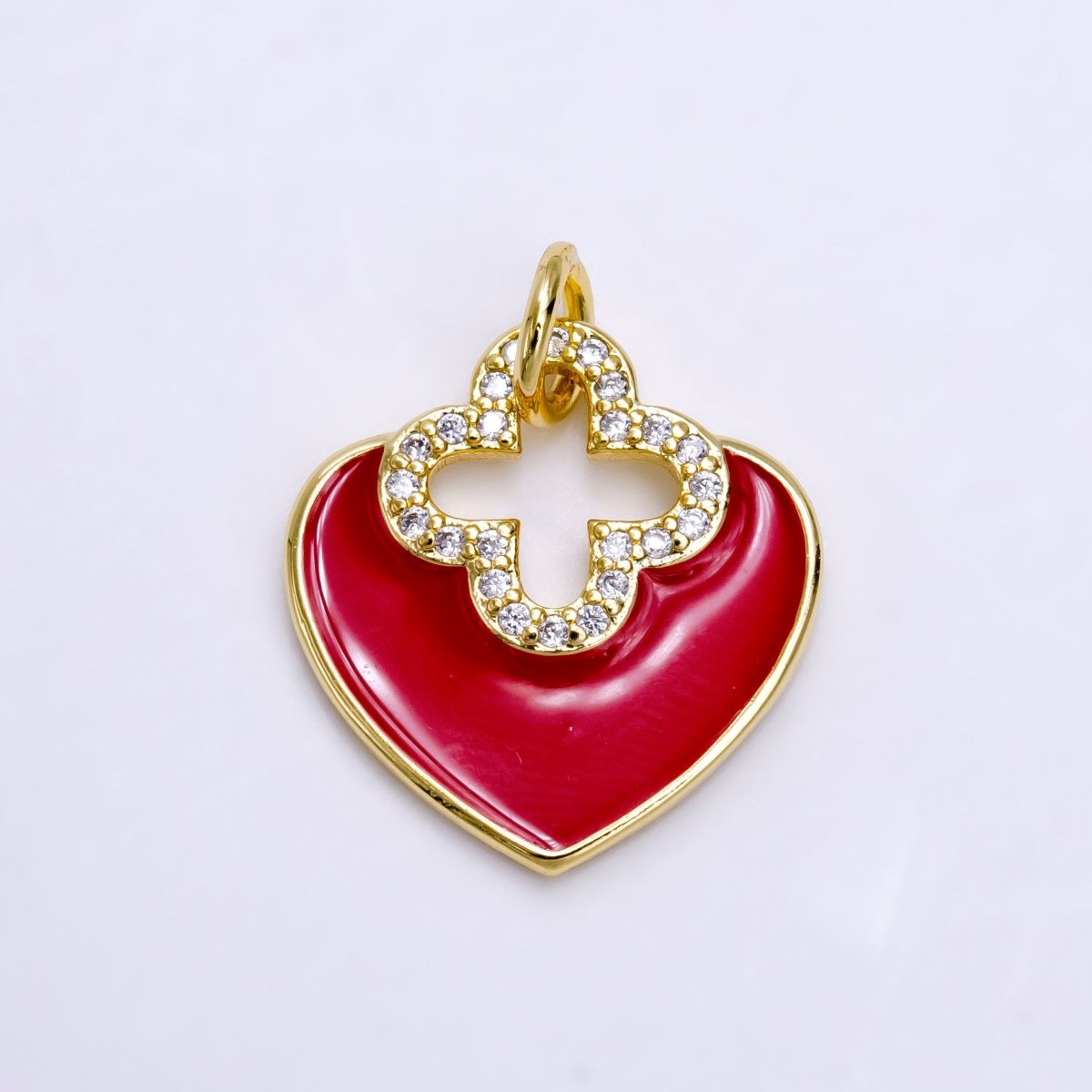 14K Gold Filled White, Red Heart Open Clear Micro Paved CZ Quatrefoil Charm | AC935 AC936