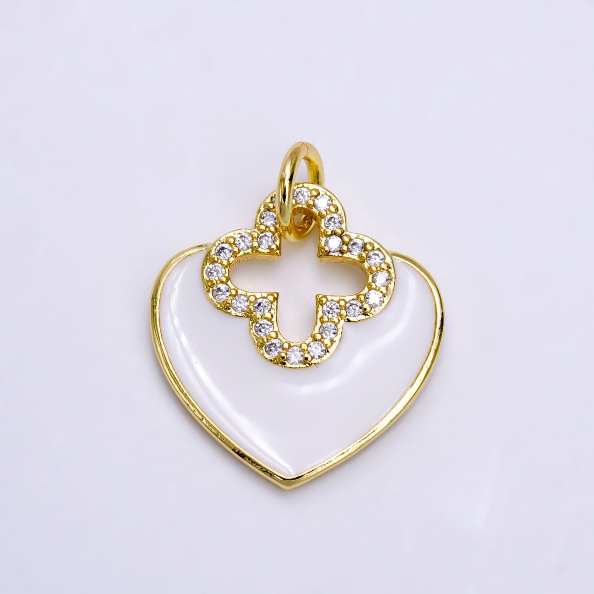 14K Gold Filled White, Red Heart Open Clear Micro Paved CZ Quatrefoil Charm | AC935 AC936