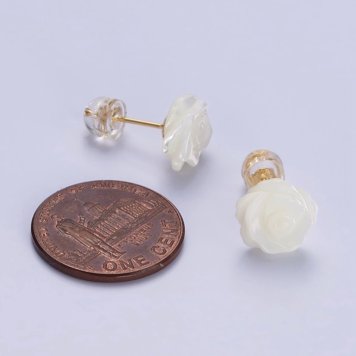 14K Gold Filled White Rose Flower Bud Shell Pearl Stud Earrings | AB1133