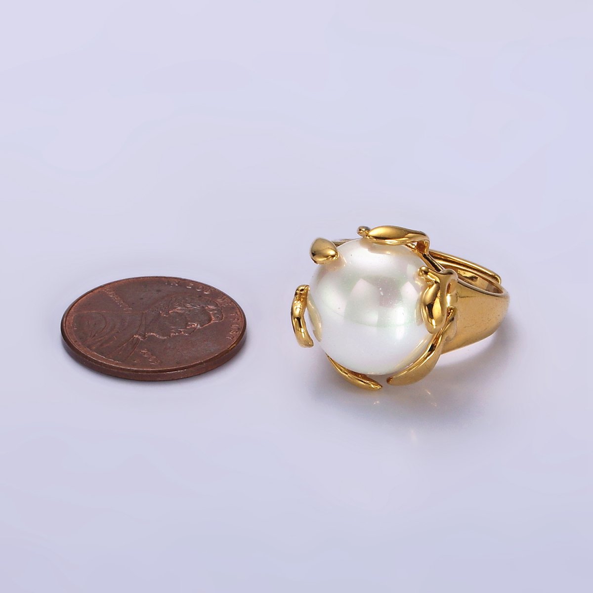 14K Gold Filled White Round Shell Pearl Molten Adjustable Signet Ring | O606