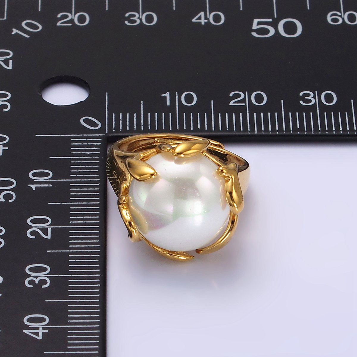 14K Gold Filled White Round Shell Pearl Molten Adjustable Signet Ring | O606