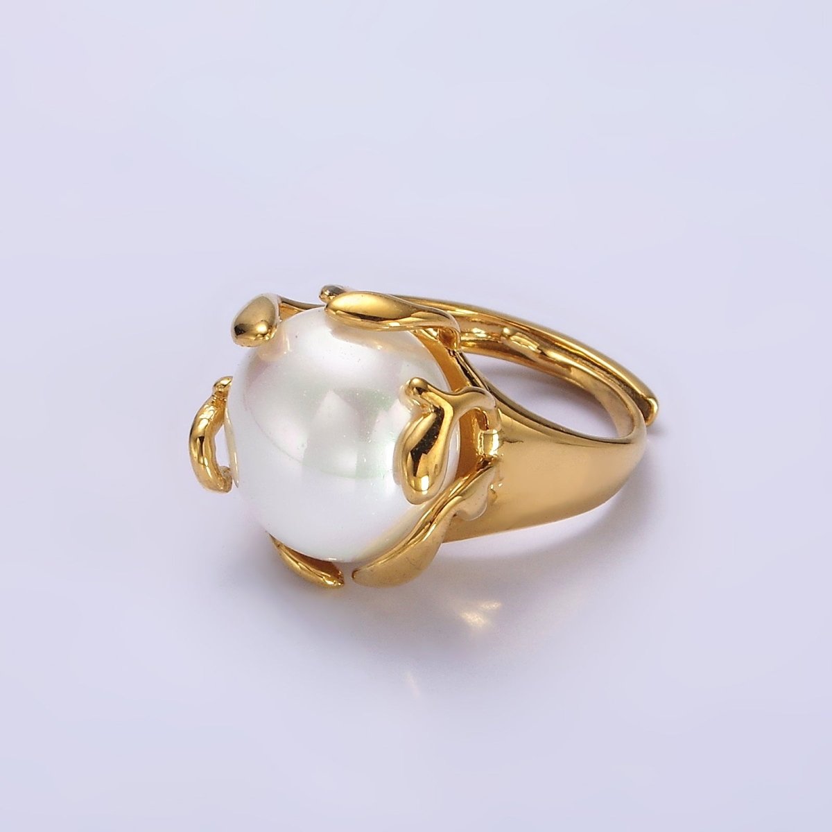 14K Gold Filled White Round Shell Pearl Molten Adjustable Signet Ring | O606