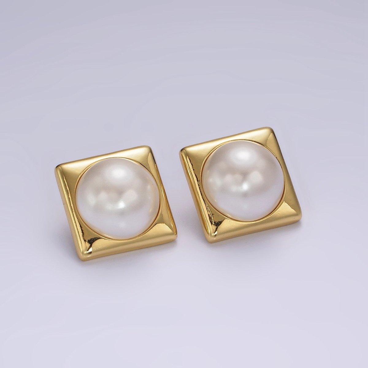 14K Gold Filled White Shell Pearl 20mm Square Rhombus Stud Earrings in Gold & Silver | AB1115 AB1116