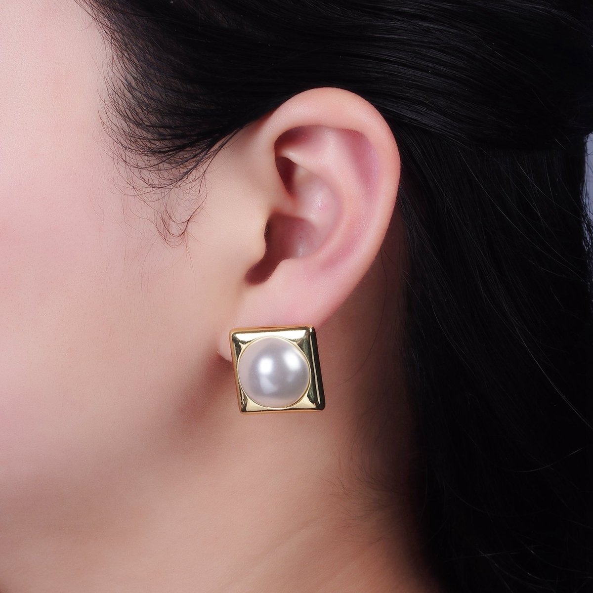14K Gold Filled White Shell Pearl 20mm Square Rhombus Stud Earrings in Gold & Silver | AB1115 AB1116