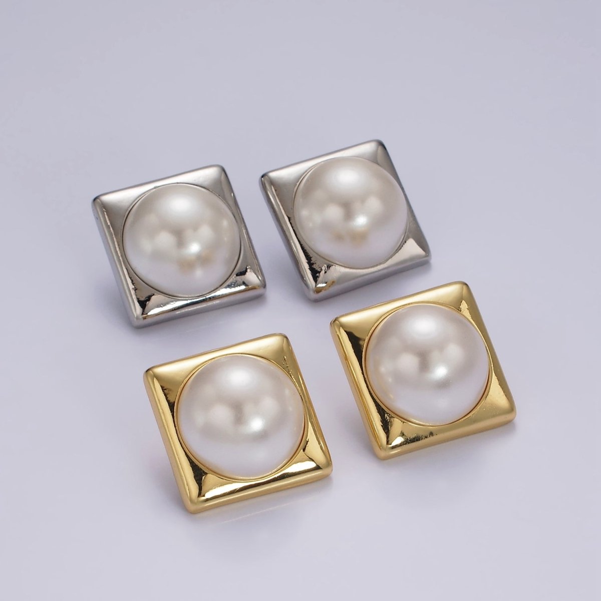 14K Gold Filled White Shell Pearl 20mm Square Rhombus Stud Earrings in Gold & Silver | AB1115 AB1116