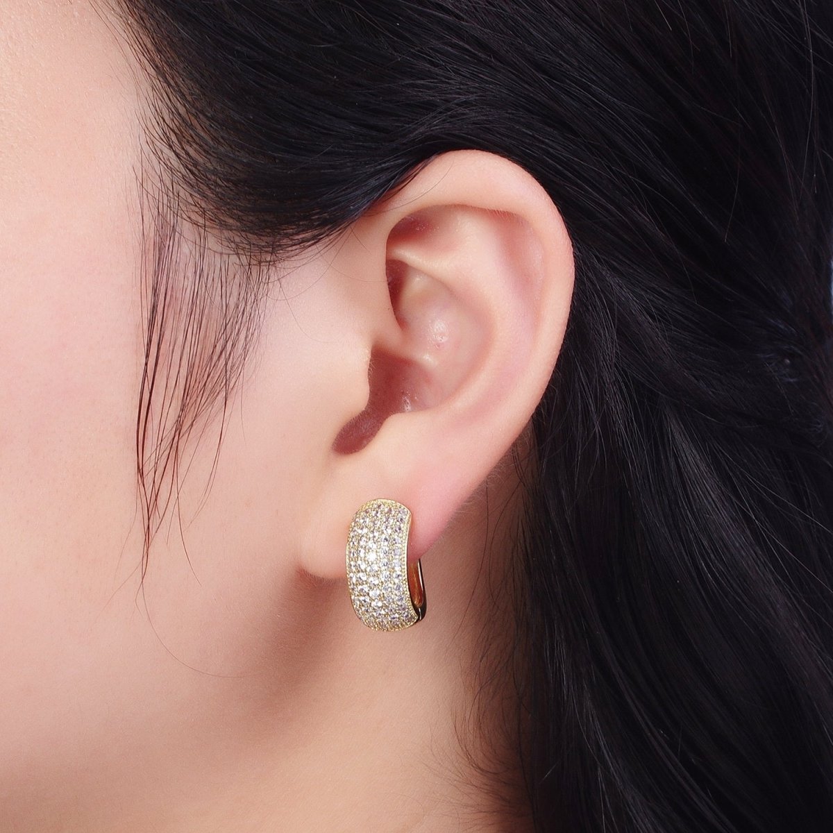 14K Gold Filled Wide Micro Paved CZ Curved Huggie Hoop Earrings | AE1024