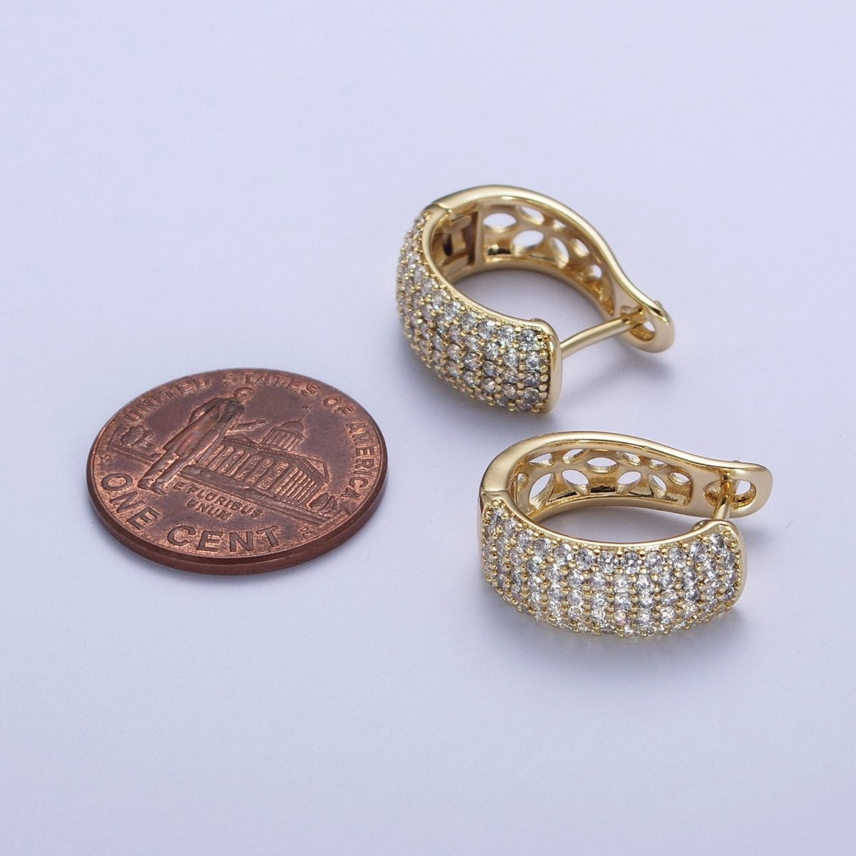 14K Gold Filled Wide Micro Paved CZ Filigree Curved Hoop Earrings | AD-072