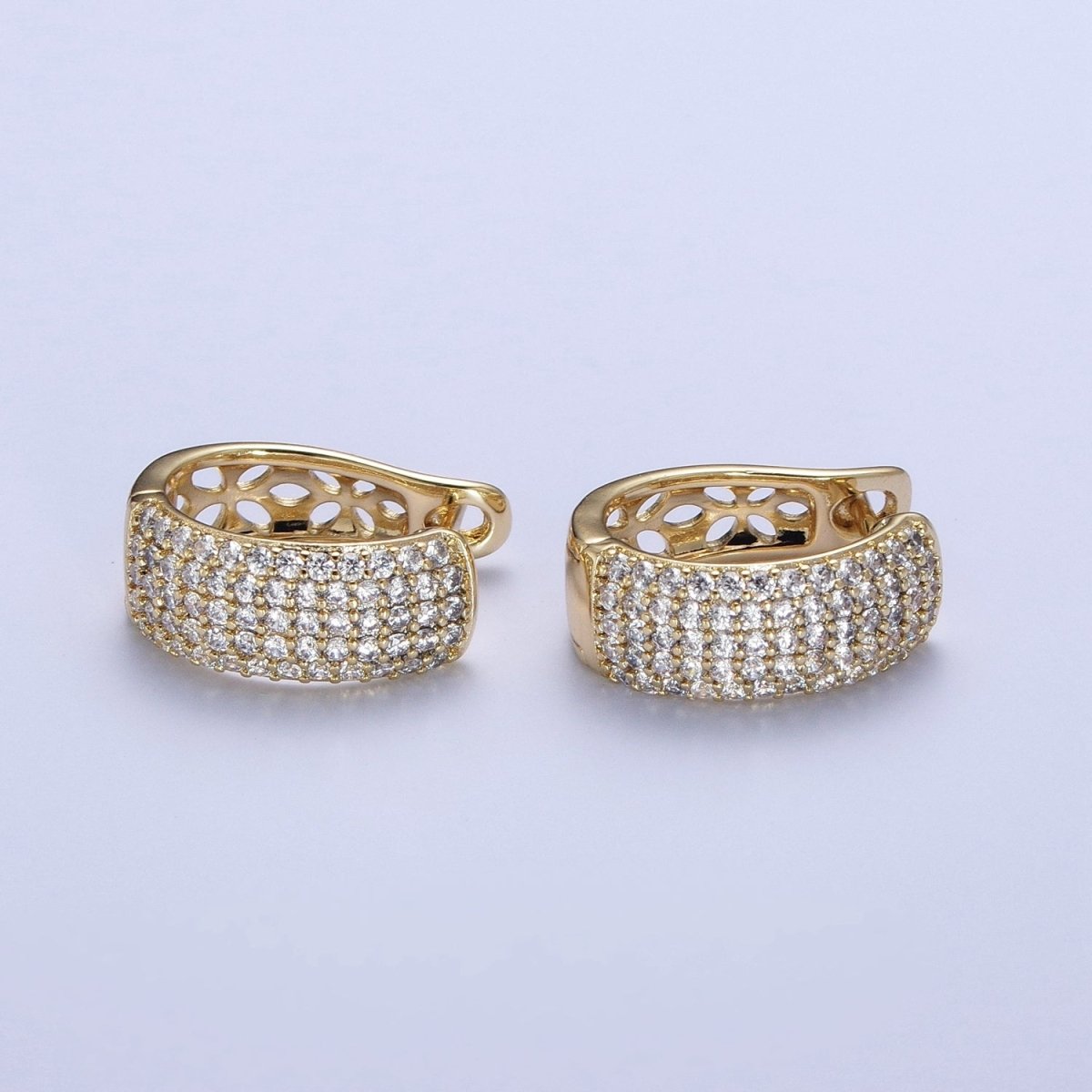 14K Gold Filled Wide Micro Paved CZ Filigree Curved Hoop Earrings | AD-072